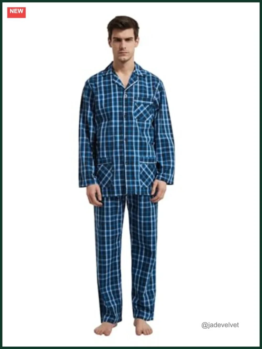 Men's 100% Cotton Long Sleeve Pajama Set with Drawstring Waist & Fly